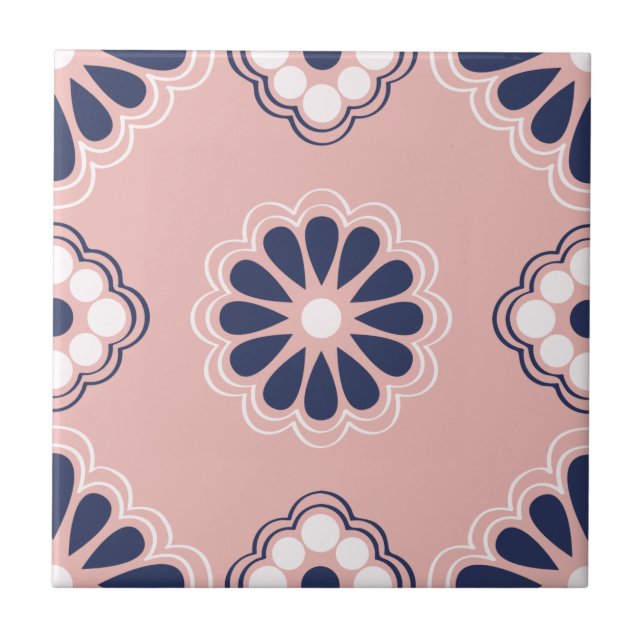 Pink, Blue and White Geometric Flowers Tile (Front)
