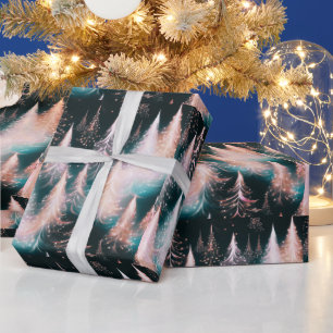 Pink Blue and White Gold Trees Modern Christmas Wrapping Paper
