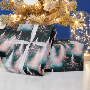 Pink Blue and White Gold Trees Modern Christmas Wrapping Paper