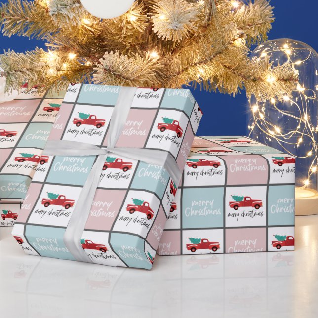 Pink, Blue and white Merry Christmas truck  Wrapping Paper (Holidays)