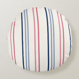 Pink blue and white stripes round cushion