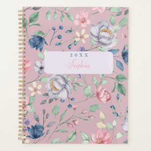 Pink Blue and Yellow Floral Designed Purple Planner