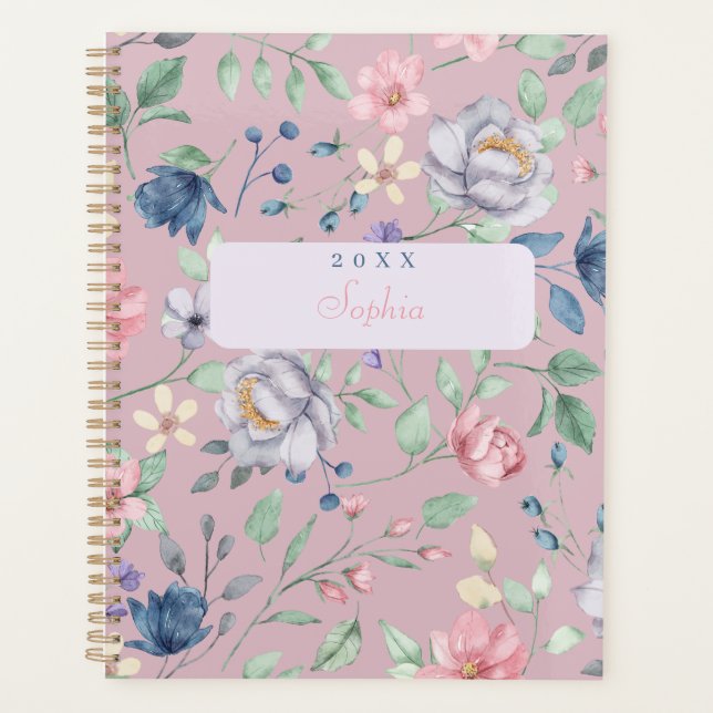 Pink Blue and Yellow Floral Designed Purple Planner (Front)
