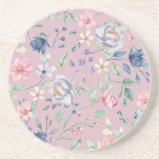 Pink Blue and Yellow Floral Purple Coaster (Front)