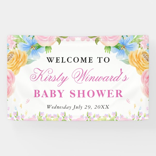 Pink, Blue and Yellow Summer Flowers Baby Shower Banner (Horizontal)