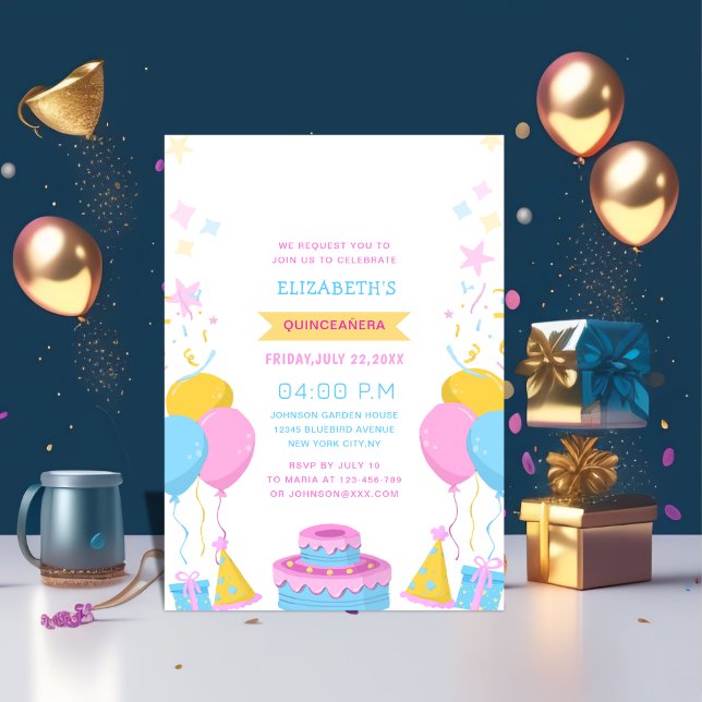 pink blue and yellow vibrant colourful quinceañera invitation (Creator Uploaded)