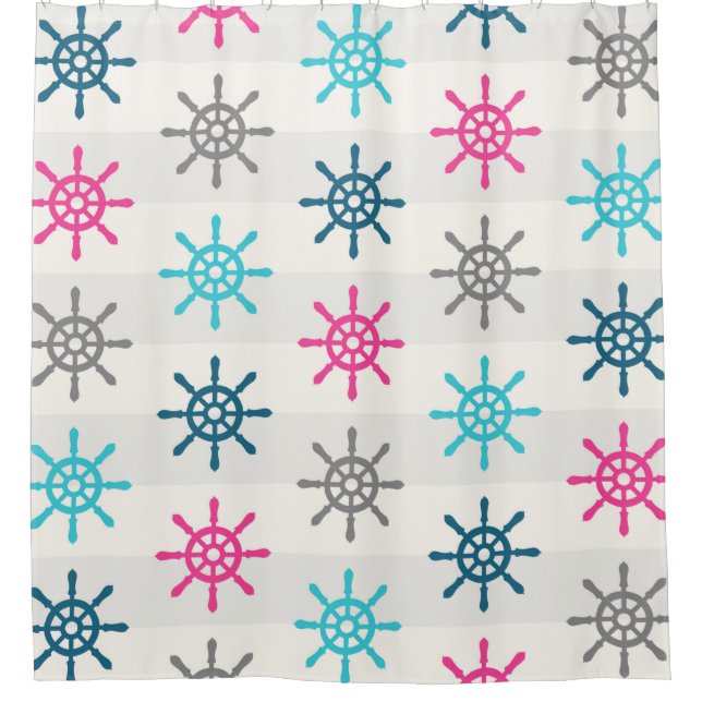 Pink Blue Aqua Grey Nautical Wheel Shower Curtain (Front)