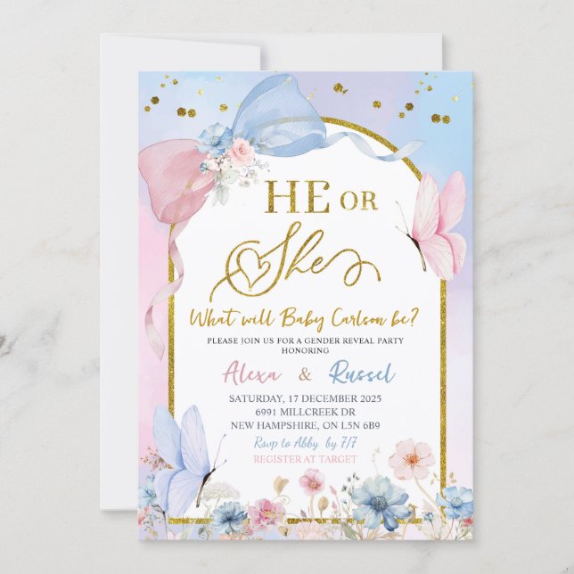 Pink Blue Arch Coquette Butterfly Gender Reveal Invitation (Front)