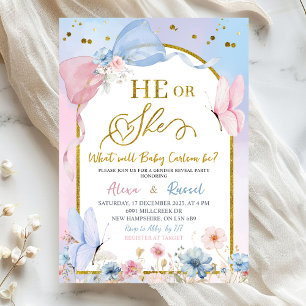 Pink Blue Arch Coquette Butterfly Gender Reveal Invitation