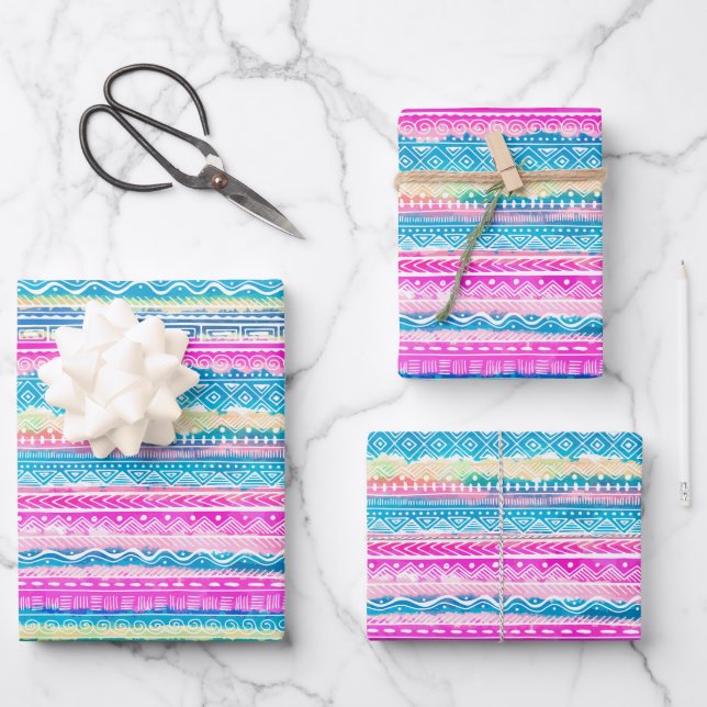 Pink & Blue Aztec Indian Pattern Wrapping Paper Sheet (Front)