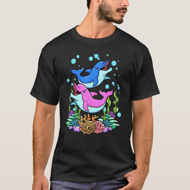 Pink Blue Baby Dolphins Beach Summer Vacation T-Shirt (Front)
