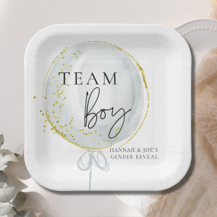 Pink & Blue Balloon Gender Reveal Team Boy Paper Plate