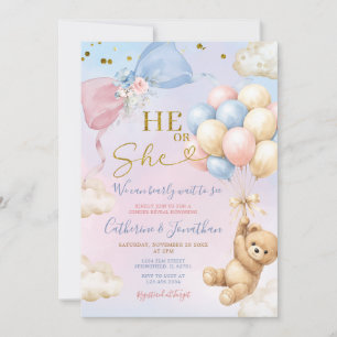 Pink & Blue Balloon He Or She Bear Gender Reveal Invitation
