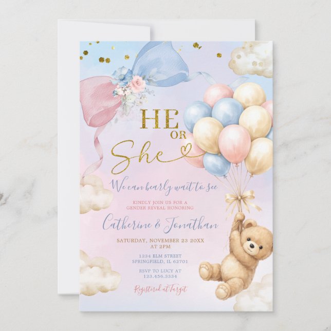 Pink & Blue Balloon He Or She Bear Gender Reveal Invitation (Front)