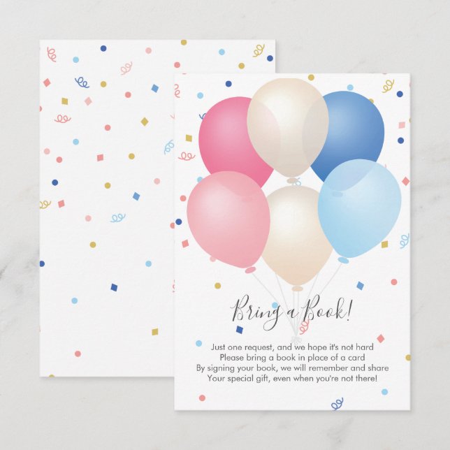 Pink Blue Balloons & Confetti Bring a Book Enclosure Card (Front/Back)