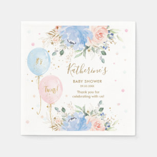 Pink Blue Balloons Floral It's Twins Baby Shower Napkin