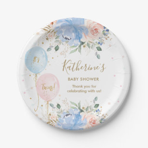 Pink Blue Balloons Floral It's Twins Baby Shower Paper Plate