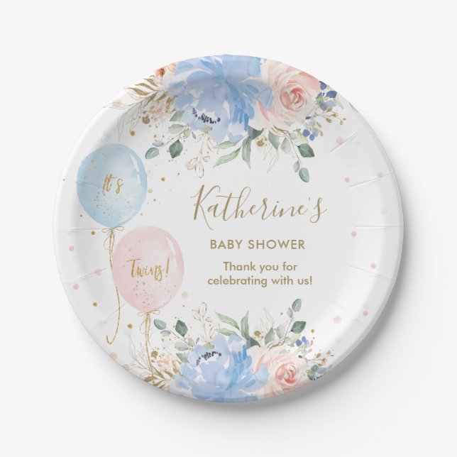 Pink Blue Balloons Floral It's Twins Baby Shower Paper Plate (Front)