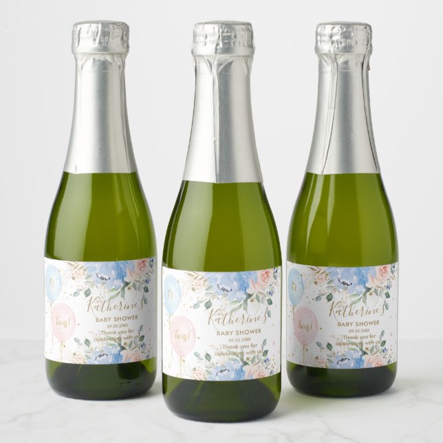 Pink Blue Balloons Floral It's Twins Baby Shower Sparkling Wine Label (Bottles)