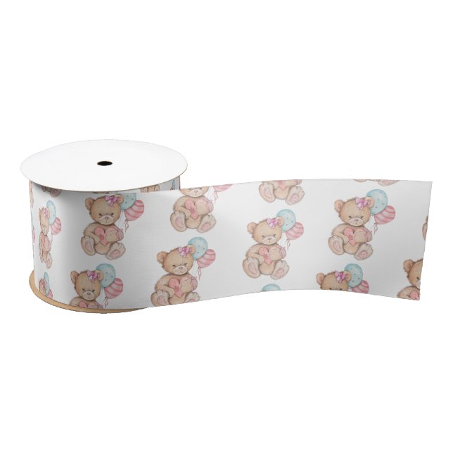 Pink & Blue Balloons & Teddy Bear Baby Girl Satin Ribbon (Spool)