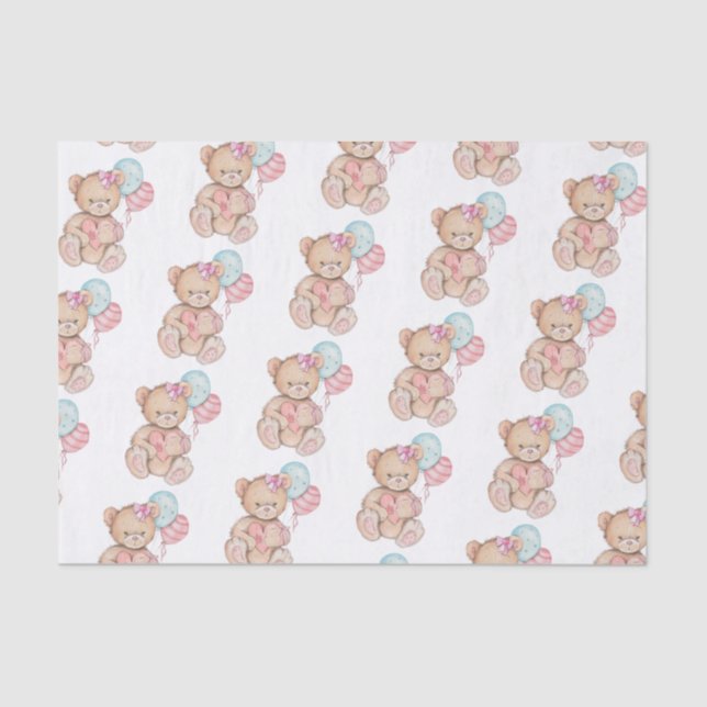 Pink & Blue Balloons & Teddy Bear Baby Girl Tissue Paper (Front)