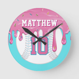 Pink & Blue Baseball Drip Round Clock