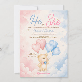 Pink & Blue Bear He or She Gender Reveal Balloon Invitation