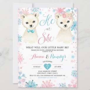 Pink & Blue Bear Winter Gender Reveal Invitation