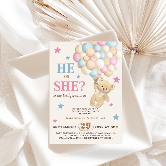 Pink Blue Beige Bear Balloon & Stars Gender Reveal Invitation (Creator Uploaded)