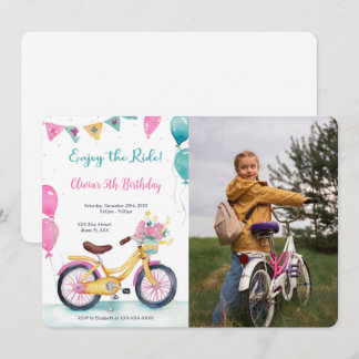 Pink & Blue Bike Birthday Party Photo Invitation