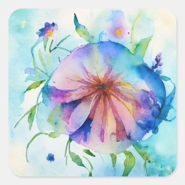 pink, blue bindweed flower, watercolor,  square sticker (Front)