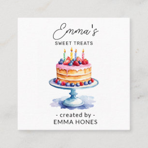 Pink & blue Birthday cake modern watercolor bakery Square Business Card