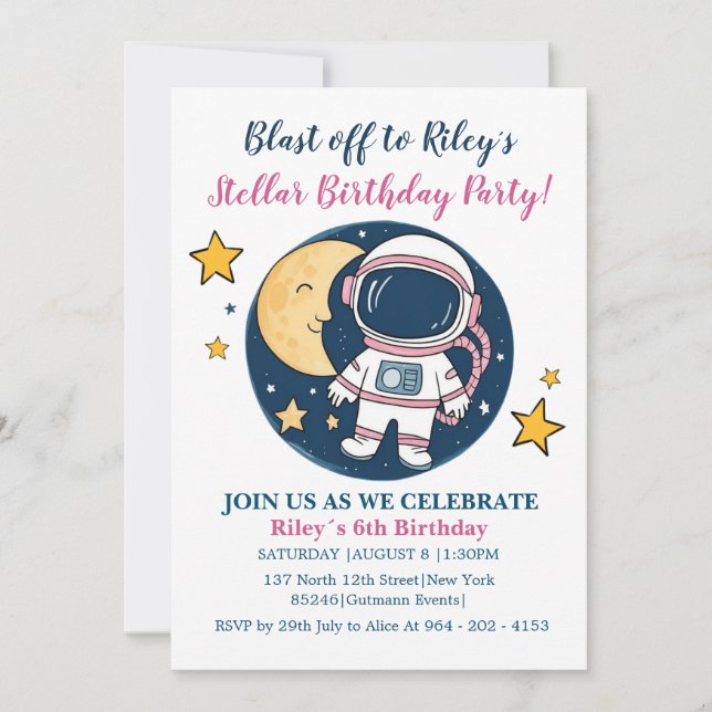 Pink Blue Birthday Invitation Party Astronaut (Front)