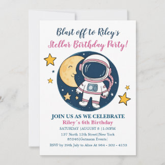 Pink Blue Birthday Invitation Party Astronaut