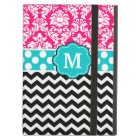 Pink Blue Black Damask Dots Chevron Monogram