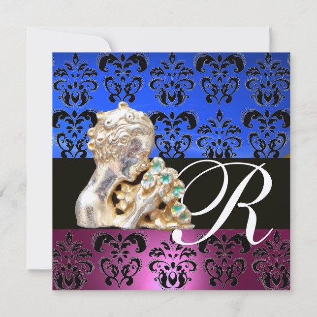 PINK, BLUE ,BLACK, PURPLE,DAMASK JEWEL MONOGRAM INVITATION (Front)