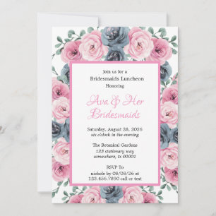Pink & Blue Blooms Bouquet Bridesmaids Luncheon Invitation