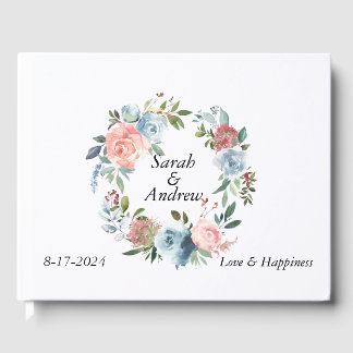 Pink Blue Boho Greenery Wreath Wedding  Guest Book