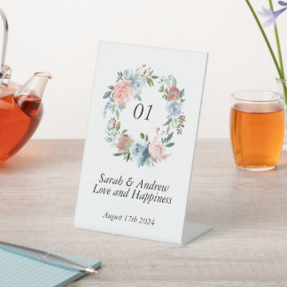 Pink Blue Boho Greenery Wreath Wedding Table  Pedestal Sign