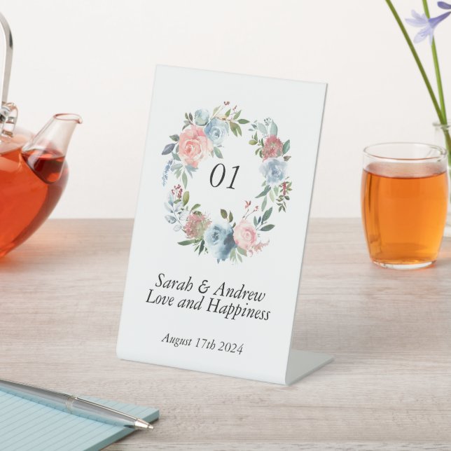 Pink Blue Boho Greenery Wreath Wedding Table  Pedestal Sign (In SItu)