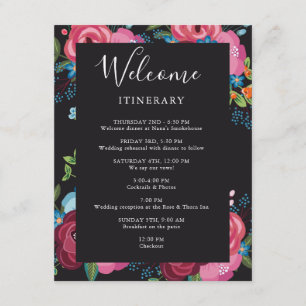 Pink & Blue Bouquets Black Wedding Itinerary Enclosure Card
