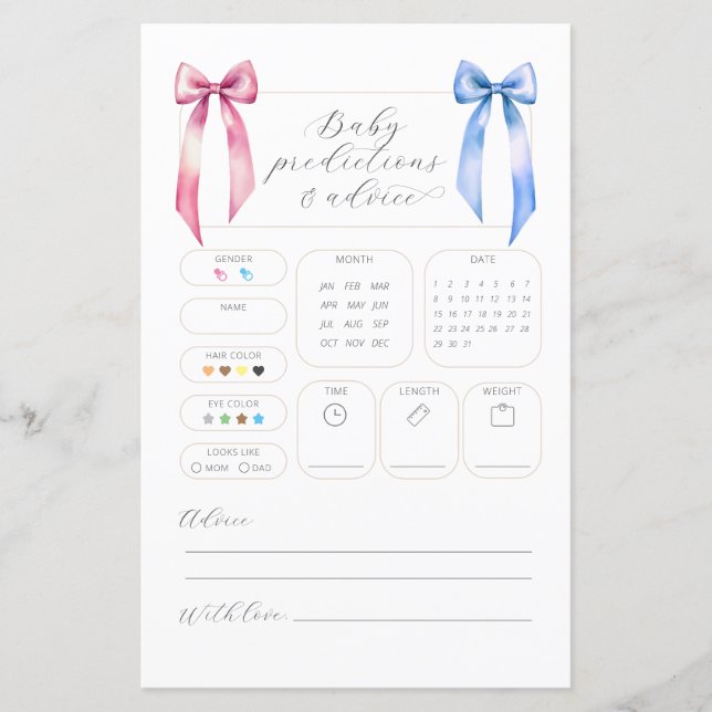 Pink Blue Bow Predictions Advice Baby Shower Card (Front)