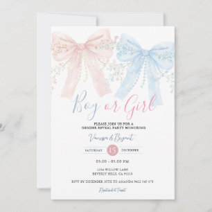 Pink & Blue Bow Watercolor Reveal Party Invitation