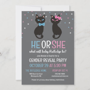 Pink Blue Bows Black Cats Gender Reveal Invitation