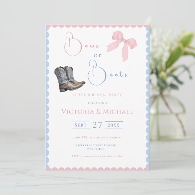 Pink & Blue Bows or Boots Gender Reveal Invitation (Standing Front)