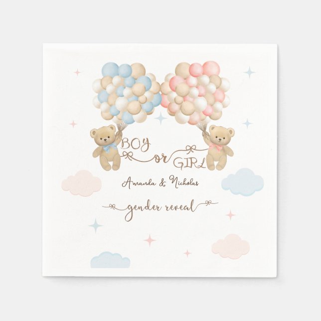 Pink Blue Boy Girl Bear Balloons Gender Reveal Napkin (Front)