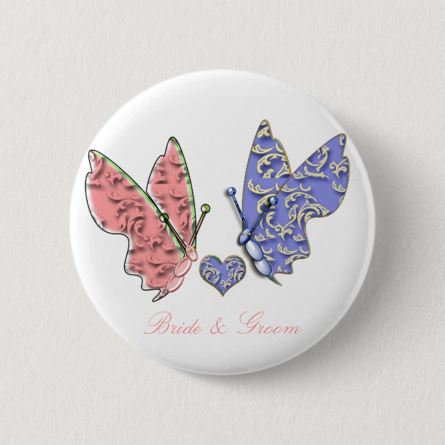 Pink & Blue Bride & Groom Butterflies so Cute 6 Cm Round Badge (Front)
