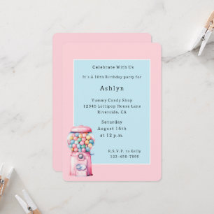 Pink Blue Bubble Gum Whimsical Birthday Invitation