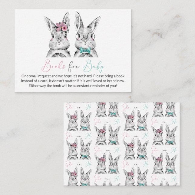 Pink Blue Bunnies Gender Reveal Books for Baby Enclosure Card (Front/Back)