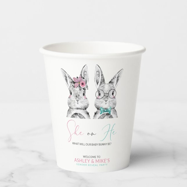Pink Blue Bunnies Gender Reveal Paper Cups (Front)